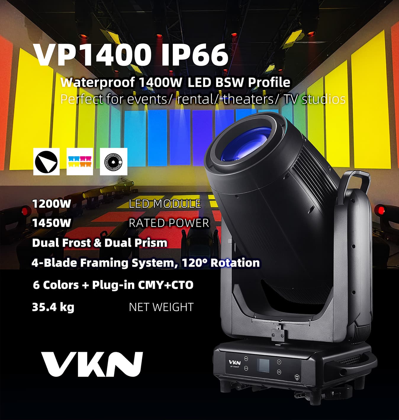 VP1400 IP66 | Đèn Moving Head LED Profile 4 trong 1 công suất cao IP66